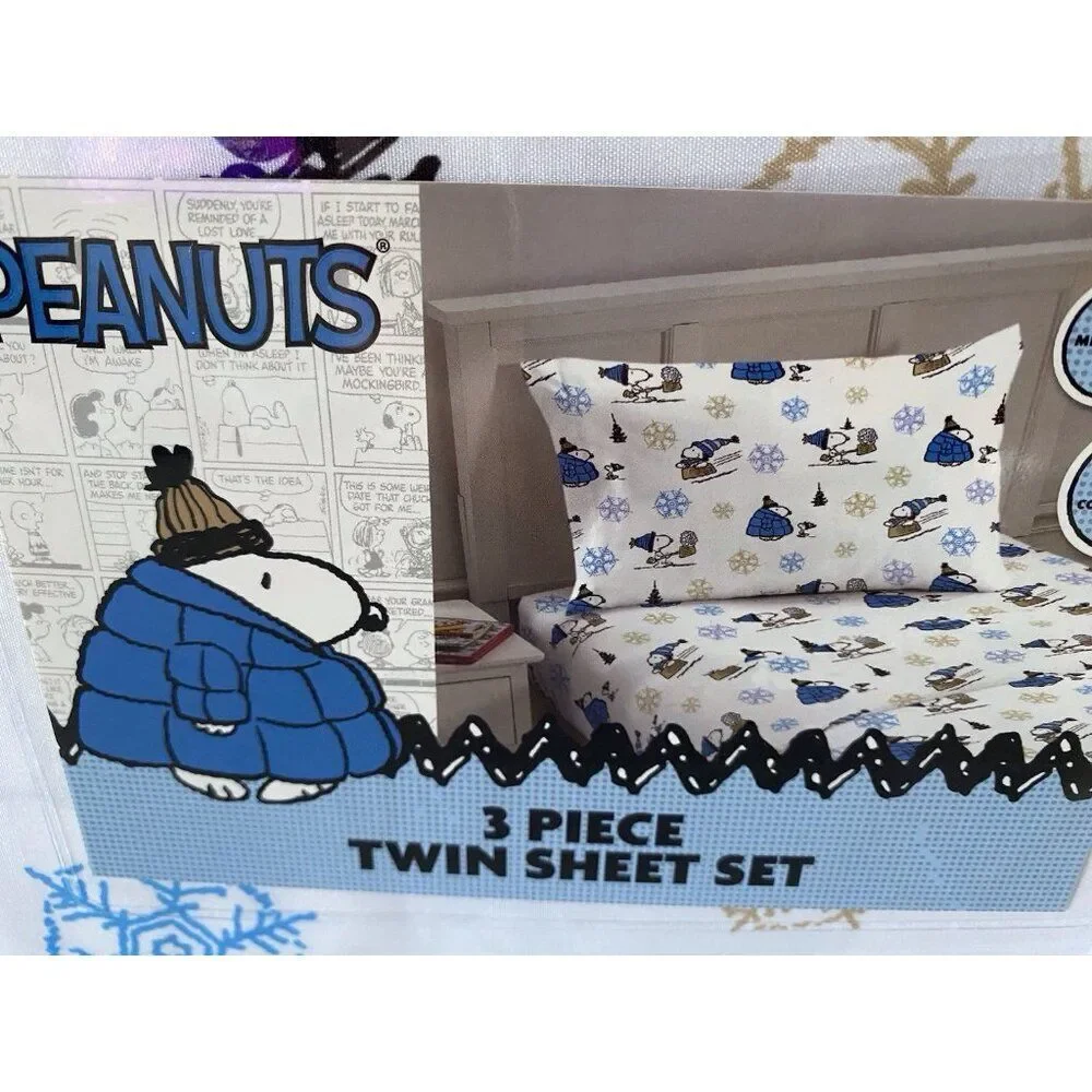 Peanuts Snoopy Puffy Coat TWIN SIZE Sheet Set Christmas Puffer Jacket White Blue